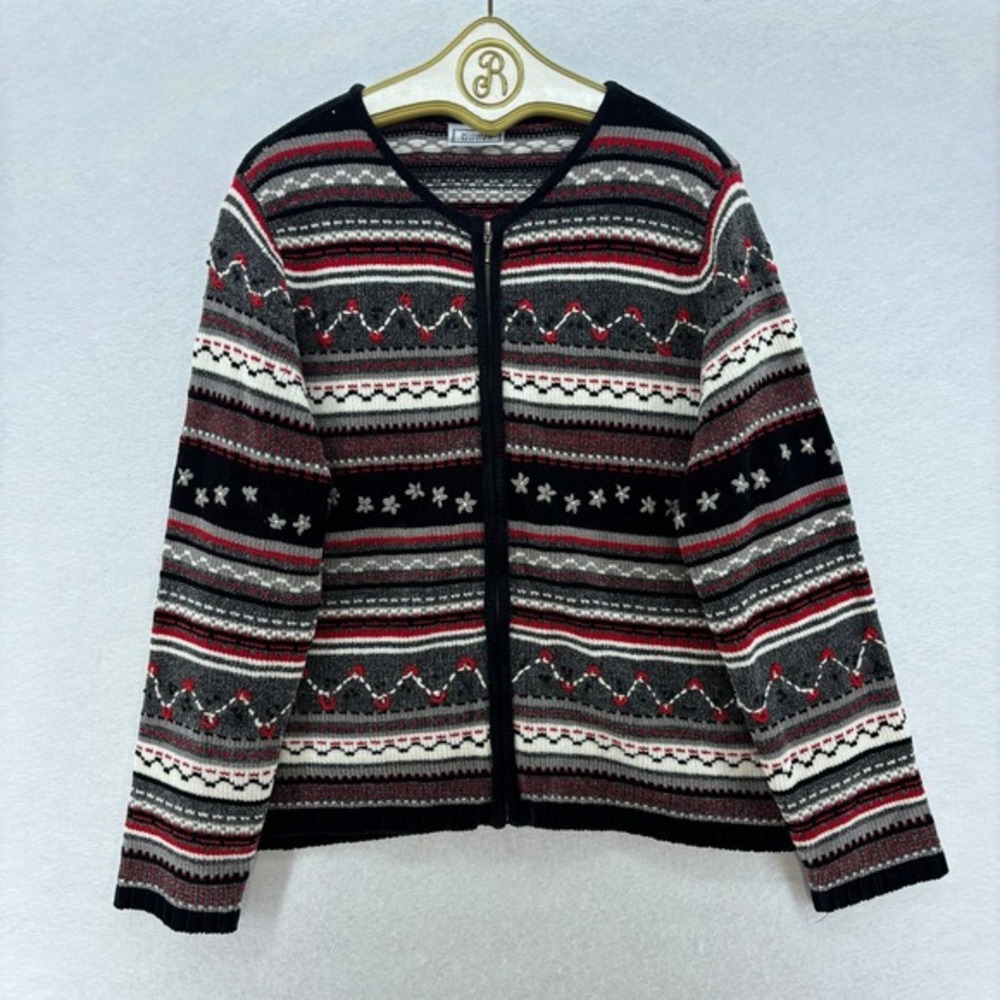 Jennifer Moore Fair Isle Zip Up Sweater LARGE Red Black Gray White Cardigan‎ y2k
